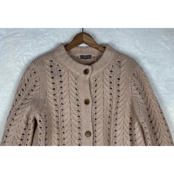 J Crew Point Sur Pointelle Cardigan M Sweater Blush Pink Cable Knit Wool Blend - Picture 2 of 12